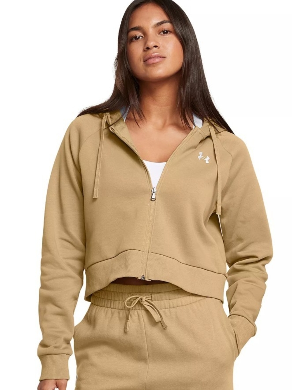 Women's Under Armour Rival Fleece Crop Full-Zip Hoodie in the color Camel